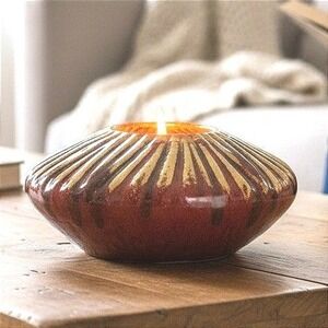 Ceramic Tabletop Candle Ribbed Oxblood Red Tan Glazed Round 11" MCM Boho Decor